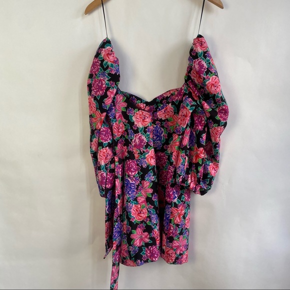 Zara Pink Floral Heart Neckline Puff Sleeve Belted Romantic Mini Dress NWT - Picture 9 of 16